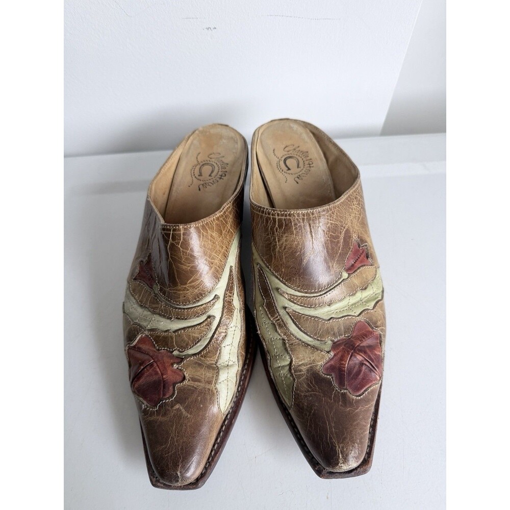 Charlie 1 Horse Women's Brown Leather Embroidered Western slides